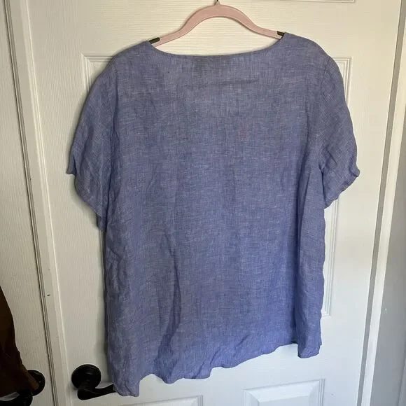 TAHARI Women's Blue Scoop Short Sleeve 100% Linen Tunic Top Shirt 1x - Picture 7 of 8
